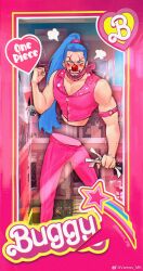1boy angry arm_strap barbie_(franchise) bird blue_eyes blue_hair border box buggy_the_clown character_name clenched_hand clown_nose copyright_name embarrassed eyelashes facepaint facial_hair flamingo goatee highres holding in_box in_container long_hair male_focus midriff one_piece pants pectoral_cleavage pectorals pink_border pink_nails pink_pants solo vamos_mk