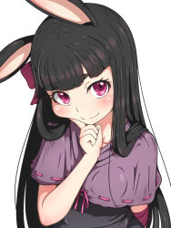 1girl animal_ears black_dress black_hair blunt_bangs blush bow capelet closed_mouth commentary_request dress finger_to_cheek hair_bow hanoyama heavyblade_rabbit hime_cut long_hair looking_at_viewer pink_bow pink_eyes purple_capelet rabbit_and_steel rabbit_ears rabbit_girl ribbon-trimmed_capelet ribbon_trim simple_background smile solo upper_body white_background
