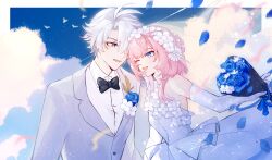 1boy 1girl ;o absurdres ahoge alternate_costume black_bow black_bowtie blue_eyes blue_flower blue_rose blue_sky border bouquet bow bowtie breasts chinese_commentary cloud commentary_request couple cyrene_(honkai:_star_rail) dress elbow_gloves eucalyptus-household falling_petals flower formal_clothes gloves hetero highres holding holding_bouquet honkai:_star_rail honkai_(series) looking_at_another medium_hair one_eye_closed petals phainon_(honkai:_star_rail) pink_hair rose shirt short_hair sky small_breasts suit vest wedding_dress white_border white_dress white_gloves white_hair white_shirt white_vest