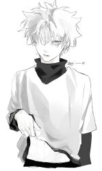 Rule 34 | 1boy, api (ppi 52), arm up, closed mouth, clothes lift, greyscale, hair over one eye, highres, hunter x hunter, killua zoldyck, layered clothes, layered sleeves, lifting own clothes, long sleeves, looking at viewer, male focus, midriff, monochrome, one eye covered, pants, sanpaku, shirt, shirt lift, short hair, short over long sleeves, short sleeves, solo, turtleneck, twitter username, v-neck