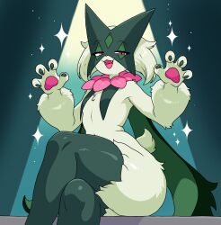activeajames animal_hands animal_nose black_fur body_fur claw_pose claws crossed_legs fangs furry furry_female green_fur highres looking_at_viewer meowscarada nintendo pawpads pokemon pokemon_(creature) short_tail sitting solo sparkle spotlight tail two-tone_fur