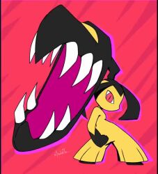 1other animated artist_name big_hair black_hair black_skin clenched_hand colored_skin drop_shadow extra_mouth flat_color from_behind full_body game_freak gen_3_pokemon high_ponytail living_hair long_hair looking_at_viewer looking_back making-of mawaifu mawile multicolored_skin nintendo one-hour_drawing_challenge open_mouth other_focus pokemon pokemon_(creature) ponytail profile red_background red_eyes sharp_teeth sidelocks signature simple_background sketch slit_pupils solo standing teeth two-tone_skin very_long_hair video white_background yellow_skin