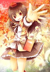 1girl bad_id bad_pixiv_id brown_hair female_focus happy hat ichitaro notebook open_mouth outstretched_hand pencil red_eyes shameimaru_aya short_hair skirt solo tokin_hat touhou wings