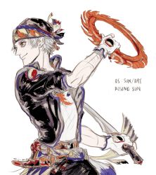 1boy amano_yoshitaka_design bandana belt chakram dagger dual_wielding final_fantasy final_fantasy_vi high_collar highres holding holding_dagger holding_knife holding_weapon jacket knife locke_cole oju_(ouka) sash simple_background square_enix thief weapon white_background white_hair