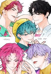 Rule 34 | 4boys, abby (kpop demon hunters), adam&#039;s apple, arm up, baby (kpop demon hunters), backwards hat, beanie, black hair, blue eyes, brown eyes, closed mouth, collarbone, collared shirt, commentary request, corrupted twitter file, crew neck, cropped shoulders, curtained hair, earrings, eyelashes, fang, floral print, green hair, hand on own neck, hat, highres, jewelry, jinu (kpop demon hunters), korean commentary, kpop demon hunters, looking down, looking to the side, male focus, medium hair, multiple boys, mystery (kpop demon hunter), narrowed eyes, nyugi0v0, open clothes, open mouth, open shirt, patterned clothing, piercing, pink hair, pink shirt, print shirt, purple eyes, purple hair, romance (kpop demon hunters), shirt, skin fang, smile, teeth, tongue, tongue out, upper teeth only, white background, wing collar, yellow hat, yellow shirt