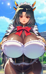 1girl black_hair black_wyrm_(last_origin) blue_sky blush bodystocking bow bowtie braid braided_ponytail breast_suppress breasts city cleavage cloud cloudy_sky day fingerless_gloves gigantic_breasts gloves hair_between_eyes highres lamppost last_origin lens_flare light_particles long_hair looking_at_viewer maid maid_headdress outdoors pantyhose parted_lips plant red_bow red_bowtie red_eyes single_braid skin_tight sky solo sparkle thigh_gap tree umigarasu_(kitsune1963) very_long_hair