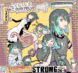 1girl @_@ alternate_costume anger_vein apron belt belt_bra black_belt black_dress black_hair black_jacket blue_hair burger cat closed_eyes clothing_cutout commentary_request cropped_jacket demon_girl demon_horns demon_tail dress enmaided eye_hair_ornament eye_of_providence fake_horns fang flat_chest food grey_sweater highres holding holding_burger holding_food horns jacket juukyuu_kaku long_hair long_sleeves looking_at_viewer maid medium_hair multicolored_hair nanashi_inc. navel off-shoulder_sweater off_shoulder open_clothes open_jacket open_mouth pointy_ears red_eyes sheep shishio_chris shishio_chris_(1st_costume) shishio_chris_(2nd_costume) shishio_chris_(3rd_costume) short_sleeves shoulder_cutout smile sweater tail translation_request two-tone_hair upper_body v virtual_youtuber white_apron worm zipper