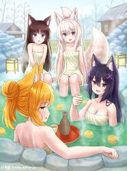 4girls alcohol animal_ears arm_support bamboo_fence black_hair blonde_hair blush bottle breasts brown_hair cat_ears cat_girl choko_(cup) cleavage collarbone cup drink fang fence flat_chest food fox_ears fox_girl fox_tail fruit hair_bun hair_ornament holding holding_cup iroha_(iroha_matsurika) koyoi_(iroha_(iroha_matsurika)) kunoichi-chan_(iroha_(iroha_matsurika)) lantern long_hair looking_at_viewer looking_back medium_breasts multiple_girls mutsuki_(iroha_(iroha_matsurika)) naked_towel onsen open_mouth orange_eyes orange_hair original partially_submerged ponytail purple_eyes rock sake sake_bottle sitting sky smile steam tail towel tree water wolf_ears wolf_girl x_hair_ornament