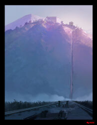 building day fog grass highres house morning mountain no_humans original railroad_tracks scenery shadow slow_d sunlight tower town