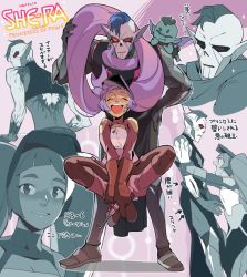 1boy 1girl arm_grab blue_hair dirty entrapta closed_eyes hordak mask mask_on_head masters_of_the_universe monster_boy open_mouth pointy_ears prehensile_hair purple_hair red_eyes she-ra_and_the_princesses_of_power smile sweatdrop welding_mask yutaka7