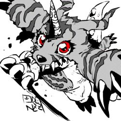 Rule 34 | artist name, body fur, commentary request, digimon, digimon (creature), full body, gabumon, greyscale, horns, looking at viewer, monochrome, oden (odenzzi), red eyes, sharp teeth, simple background, single horn, spot color, teeth, white background