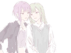 2girls bang_dream! bang_dream!_it&#039;s_mygo!!!!! black_jacket bullfalk green_hair grey_shirt grey_sweater_vest jacket long_hair long_sleeves multiple_girls pink_eyes purple_hair shirt short_hair simple_background sweater_vest upper_body wakaba_mutsumi white_background white_shirt yellow_eyes yuutenji_nyamu