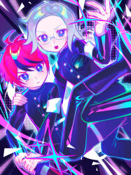2boys aotsuki_eito armband belt black_boots black_hair black_jacket black_pants blue_eyes boots closed_mouth commentary frown grey_hair hand_on_another&#039;s_shoulder highres holding holding_sword holding_weapon iro_(mywife_sunny) jacket last_defense_academy_school_uniform long_sleeves male_focus multicolored_hair multiple_boys open_mouth pants red_hair school_uniform short_hair sumino_takumi sword symbol-only_commentary the_hundred_line_-last_defense_academy- thigh_strap tsurime two-tone_hair v-shaped_eyebrows weapon white_armband white_belt