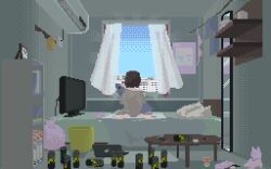 1girl air_conditioner animated animated_gif bedroom blowing_curtains blue_sky bookshelf bra brown_hair can cityscape computer cup cup_ramen curtains dongq drink_can floating_hair framed_photo from_behind full-length_mirror hanging_on_clothesline ikea_shark laptop looking_outside medium_hair messy_room mirror mug open_window original pixel_art sky soda soda_can stuffed_animal stuffed_rabbit stuffed_shark stuffed_toy television trash_bag trash_can underwear white_curtains wind window