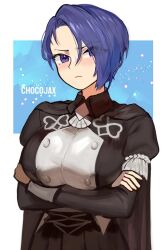 Rule 34 | 1girl, alternate costume, arms under breasts, artist name, black cape, blush, breasts, buttons, cape, chocojax, closed mouth, commentary, crossed arms, english commentary, fire emblem, fire emblem: three houses, garreg mach monastery uniform, highres, large breasts, long sleeves, looking at viewer, nintendo, purple eyes, purple hair, shamir nevrand, short hair, solo