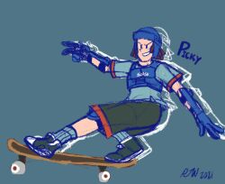 1boy 2021 afterimage armor armored_gloves black_eyes brown_hair character_name dot_eyes dreadlocks fighting_vipers helmet knee_pads picky_(fighting_vipers) rwiseart sega shoes shorts signature simple_background skateboard skateboarding sketch smile v