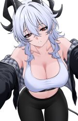 Rule 34 | 1girl, absurdres, aldided, alternate costume, artist name, bags under eyes, black horns, black jacket, black pants, breasts, cleavage, collarbone, commentary, cowboy shot, demon horns, english commentary, hair between eyes, highres, horns, jacket, large breasts, leaning forward, long hair, looking at viewer, midriff, navel, off shoulder, open clothes, open jacket, pants, parted lips, red eyes, simple background, solo, sports bra, tail, thigh gap, tight clothes, tight pants, white background, white hair, wuthering waves, yoga pants, zani (wuthering waves)