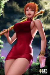 1girl artist_name bangle bare_shoulders bracelet clima-tact cloud cloudy_sky commentary cowboy_shot dress earrings english_commentary hair_bun holding holding_polearm holding_weapon iury_padilha jewelry lightning log_pose looking_at_viewer nami_(one_piece) nami_(one_piece)_(whole_cake_island) official_alternate_costume official_alternate_hairstyle one_piece orange_hair outdoors pearl_earrings polearm realistic red_dress shoulder_tattoo sidelocks signature single_hair_bun single_sidelock sky sleeveless sleeveless_dress smile solo tattoo turtleneck turtleneck_dress weapon