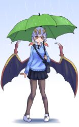 absurdres alternate_costume animal_ears bag bat_ears bat_girl bat_wings black_necktie black_pantyhose black_skirt blonde_hair blue_sweater collared_shirt extra_ears full_body green_umbrella hair_between_eyes highres holding holding_umbrella honduran_white_bat_(kemono_friends) kemono_friends long_sleeves multicolored_hair necktie pantyhose pleated_skirt rain school_bag school_uniform shinkaisoku shirt shoes short_hair sidelocks skirt sneakers sweater two-tone_hair umbrella white_hair white_shoes white_sweater wings