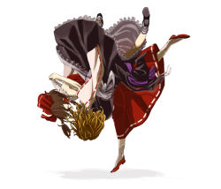 2girls battle black_hair blonde_hair bow detached_sleeves dress female_focus hair_bow hair_ribbon hakurei_reimu harai_goshi hat japanese_clothes judo judo_throw kirisame_marisa miko multiple_girls ribbon sakamoto_kengo simple_background touhou witch witch_hat wrestling