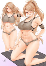 1girl barefoot blush breasts brown_eyes brown_hair cleavage closed_mouth dated gradient_background granblue_fantasy grey_sports_bra hand_in_own_hair highres katalina_(granblue_fantasy) kneeling large_breasts long_hair looking_at_viewer multiple_views navel parted_lips ponytail signature smile sports_bra stomach thighs toyoman white_background yoga_mat
