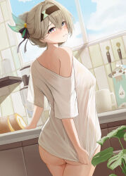 1girl absurdres alternate_hairstyle ass black_hairband blue_sky blush breasts cake clenched_teeth coffee_mug covering_ass covering_privates cup day embarrassed firefly_(honkai:_star_rail) food from_behind grey_hair hairband highres honkai:_star_rail honkai_(series) kitchen large_breasts looking_at_viewer looking_back milk_carton mug naked_shirt oak_cake_roll_(honkai:_star_rail) see-through_silhouette shirt single_off_shoulder sky solo swiss_roll teeth themaree updo white_shirt