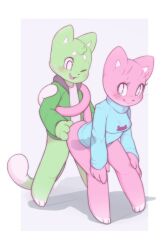 1boy 1girl :3 animal_ears animal_feet barefoot blue_sweater blush body_fur border bottomless breasts cat_boy cat_ears cat_girl cat_tail closed_mouth erection freckles full_body furry furry_female furry_male furry_with_furry green_fur green_jacket grey_background hands_on_own_legs happy happy_sex hetero jacket kekitopu leaning_forward legs_apart medium_breasts mochi_(kekitopu) one_eye_closed open_clothes open_jacket open_mouth original outside_border penis pink_fur sex sex_from_behind shirt simple_background smile standing standing_sex suama_(kekitopu) sweater tail tail_wrap vaginal whiskers white_border white_eyes white_shirt x-ray