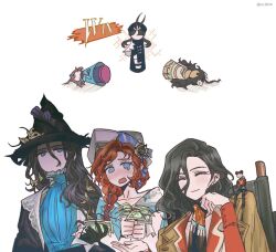 6+girls :o ^_^ banknote barcarola_(reverse:1999) black_cape black_gloves black_hair black_hat black_neckerchief blue_dress blue_eyes blue_shirt blush brown_coat cape closed_eyes closed_mouth coat coat_on_shoulders dixie_cup_hat dress fatutu flutterpage giving gloves hair_between_eyes hand_on_own_head hands_up hat holding holding_money kim_8thhh liang_yue_(reverse:1999) long_sleeves lying medium_hair military_hat mole mole_under_eye money multiple_girls neckerchief no_mouth noire_(reverse:1999) open_mouth puppet red_hair red_shirt reverse:1999 shirt smile tearing_up upper_body victory wheelchair white_hat willow_(reverse:1999) witch_hat