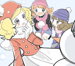 Rule 34 | 3girls, beanie, bemani, blonde hair, blue hat, blush stickers, brown hair, hat, holding, holding snowball, jacket, multiple girls, open mouth, pink hat, pink scarf, poet (pop&#039;n music), pom pom (clothes), pom pom beanie, pop&#039;n music, red hat, red jacket, rie-chan, sanae-chan, scarf, sgwyi, skirt, smile, snowball, snowing, snowman, white skirt, winter