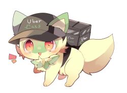 :d black_hat blush brand_name_imitation commentary ears_through_headwear full_body hat highres insulated_delivery_bag looking_at_viewer nintendo no_humans notice_lines open_mouth pokemon pokemon_(creature) red_eyes simple_background smile solo sprigatito uber_eats white_background yupo_0322