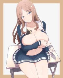 1girl bang_dream! bang_dream!_it&#039;s_mygo!!!!! blue_eyes breasts brown_hair collarbone covering_breasts covering_privates desk highres large_breasts long_hair looking_at_viewer nagasaki_soyo navel open_clothes ren_0_(044ren) school_desk school_uniform simple_background sitting skirt solo