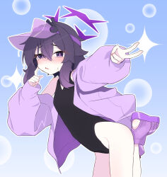 Rule 34 | 1girl, above-cleavage cutout, absurdres, alternate costume, badge, black hair, black one-piece swimsuit, blue archive, blue background, blush, button badge, clothing cutout, cosplay, diamond cutout, fluffy hair, gradient background, gradient hair, hair between eyes, halo, haruka (blue archive), hat, highleg, highleg one-piece swimsuit, highres, jacket, long hair, long sleeves, looking at viewer, multicolored hair, one-piece swimsuit, open clothes, open jacket, open mouth, purple eyes, purple hair, purple halo, purple jacket, purple visor, rabbit ornament, seia (blue archive), seia (blue archive) (cosplay), seia (swimsuit) (blue archive), solo, sparkle, sweat, swimsuit, takamebius0528, v, visor cap, white background
