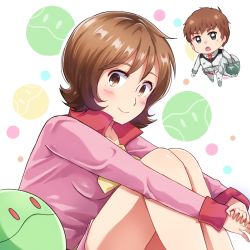 1boy 1girl amuro_ray brown_eyes brown_hair chibi fraw_bow gundam haro helmet military military_uniform mobile_suit_gundam pilot_suit robot smile tsukimi_(penguin_kansokutai) unworn_headwear unworn_helmet