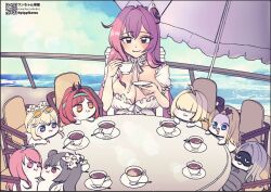 1girl 6+others :3 ahoge black_hair blonde_hair blue_eyes breasts brown_hair centi_(nikke) centi_(ocean_repair)_(nikke) chair cleavage cruise_ship cup doro_(nikke) dorothy_(nikke) dorothy_(serendipity)_(nikke) elegg_(boom_and_shock)_(nikke) elegg_(nikke) eye_mask eyewear_on_head flower frima_(nikke) frima_(sea_of_sloth)_(nikke) goddess_of_victory:_nikke hair_bun hair_flower hair_ornament hair_over_eyes hairband heart heart-shaped_eyewear large_breasts multiple_others nasal_strips ocean orange_eyes pepper_(nikke) pepper_(ocean_vitamin)_(nikke) pink_eyes pink_hair ponytail purple_eyes rapi_(nikke) rapi_(red_hood)_(red_flavor)_(nikke) red_hair single_hair_bun sky sleeping sleeping_bag sunglasses swimsuit teacup tove_(nikke) tove_(sunblaze)_(nikke) umbrella wan-chan_teikoku yan_(nikke) yan_(sunrise_market)_(nikke)
