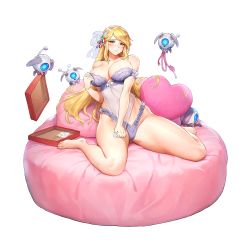 1girl adjusting_bra adjusting_clothes areola_slip armband barefoot bed blonde_hair blush box bra breasts collarbone covering_crotch covering_privates dress dress_tug drone floating floating_object frilled_armband frilled_panties frills full_body game_cg gem gluteal_fold green_eyes green_gemstone hair_ribbon heart heart-shaped_pillow highres indomitable_marie kakiman large_breasts last_origin letter linea_alba lingerie long_hair looking_at_viewer official_alternate_costume official_art on_bed panties pillow purple_armband purple_bra ribbon see-through_clothes sitting solo tachi-e thick_thighs thighs thong transparent_background transparent_ribbon underwear underwear_only very_long_hair wariza white_ribbon
