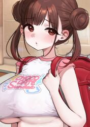 1girl backpack bag blush breasts brown_eyes brown_hair commentary_request crop_top cropped_shirt double_bun hair_bun highres idolmaster idolmaster_shiny_colors large_breasts looking_at_viewer mirei open_mouth randoseru shirt solo sonoda_chiyoko sweat twintails underboob upper_body white_shirt