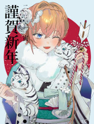 Rule 34 | 1girl, absurdres, alternate costume, animal, animal on arm, animal on shoulder, arrow (projectile), bell, blue eyes, blue kimono, blush, braid, chinese zodiac, crown braid, fate/grand order, fate (series), flower, fur collar, hair flower, hair ornament, hair over shoulder, hamaya, highres, holding, holding arrow, japanese clothes, jingle bell, kimono, kitou saji, lace-trimmed hair ornament, long hair, long sleeves, looking at animal, low ponytail, multicolored kimono, new year, obi, obijime, one eye closed, orange hair, polka dot, polka dot kimono, ponytail, rose, sash, signature, solo, striped clothes, striped kimono, tiger, translation request, two-tone background, upper body, van gogh (fate), white flower, white kimono, white rose, white tiger, wide sleeves, year of the tiger