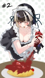 1girl absurdres black_eyes black_hair black_thighhighs blunt_bangs blush bottle breasts cleavage collarbone food food_on_body food_on_breasts food_on_face frilled_skirt frilled_sleeves frills headdress highres holding holding_bottle hololive hololive_dev_is juufuutei_raden ketchup ketchup_bottle large_breasts leaning_forward maid maid_headdress menomeno_draw multicolored_hair omelet omurice one_eye_closed open_mouth plate polka_dot polka_dot_background skirt solo streaked_hair thighhighs two-tone_hair virtual_youtuber white_hair