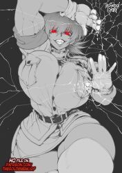 against_glass arm_up belt breasts buttons commentary cowboy_shot crack cracked_glass english_commentary evil_grin evil_smile gigantic_breasts gloves grey_background grin hair_between_eyes hand_on_wall hellsing high_collar label looking_down medium_hair military_uniform muscular muscular_female partially_colored pocket red_eyes seras_victoria sharp_teeth signature simple_background skirt smile teeth the_golden_smurf thick_thighs thighs white_gloves wide_hips