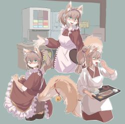 1girl absurdres animal_ears animal_nose annoyed apron arm_at_side ass beads bell black_thighhighs bloomers blush body_fur bowl breasts brown_bloomers brown_fur brown_hair buttons closed_mouth clothes_lift clothing_cutout coffee_maker cowboy_shot cropped_legs dress dress_lift embarrassed english_text female_focus food fox_ears fox_girl fox_tail frilled_apron frilled_dress frills from_behind fruit furry furry_female garter_straps green_background green_eyes hair_beads hair_between_eyes hair_ornament hair_ribbon hairband hand_up hands_up happy highres holding holding_food holding_tray indoors japanese_clothes jingle_bell kappougi kimono lemon lemon_slice leonardo_(user_crrj8878) lifting_own_clothes long_dress long_hair long_sleeves looking_at_viewer looking_back looking_to_the_side maid maid_apron multiple_views nose_blush open_mouth original outline plate ponytail profile purple_hairband red_dress red_kimono red_ribbon ribbon rice rope short_sleeves shouting_with_hands sidelocks sign small_breasts smile snout standing tail tail_bell tail_ornament tail_raised tail_through_clothes thighhighs tofu tray two-tone_fur underwear v-shaped_eyebrows white_apron white_fur white_outline