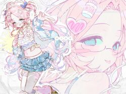 1girl blue_eyes blue_skirt commission english_text highres medium_hair multiple_views navel open_mouth original pink_hair skirt smile solo tongue tongue_out twintails v watermark yjinchun1