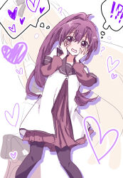 Rule 34 | !?, 2girls, ?, ahoge, black pantyhose, blonde hair, blush, bow, brown bow, brown sailor collar, buttons, closed eyes, commentary request, drawn heart, dress, embarrassed, feet out of frame, hair between eyes, hair bow, hair ornament, hands on own cheeks, hands on own face, heart, highres, layered sleeves, long hair, long sleeves, migimiya yoru, multiple girls, nanamori school uniform, open mouth, pantyhose, pleated dress, ponytail, purple eyes, purple hair, red dress, sailor collar, sailor shirt, school uniform, shirt, short dress, short over long sleeves, short sleeves, sketch, sugiura ayano, toshinou kyouko, white shirt, yuru yuri