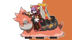 blacknirrow camerupt closed_eyes closed_mouth courtney_(pokemon) dress eyelashes fake_horns gen_3_pokemon hand_on_another&#039;s_head highres hood hood_up hooded_jacket horned_hood horns jacket lava mega_camerupt mega_pokemon nintendo outline petting pokemon pokemon_(creature) pokemon_oras purple_eyes purple_hair red_dress red_footwear red_jacket short_hair simple_background sitting smile sweater sweater_dress team_magma team_magma_uniform two-tone_background white_outline