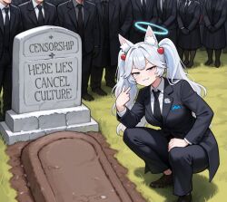 Rule 34 | 1girl, blue eyes, business suit, formal clothes, grass, grave, handkerchief in pocket, indie virtual youtuber, kirsche verstahl, loafers, necktie, shoes, suit, tombstone, victus thraex, virtual youtuber, white hair