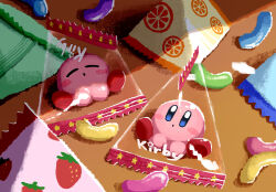 :o aruco_co blue_eyes blush blush_stickers candy candy_wrapper character_name closed_eyes closed_mouth commentary_request food fruit highres jelly_bean kirby kirby_(series) looking_at_viewer nintendo no_humans orange_(fruit) sitting star_(symbol) strawberry