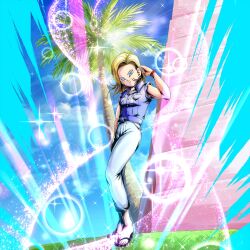 1girl android_18 blonde_hair blue_eyes dragon_ball dragon_ball_legends happy official_art smile solo