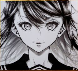 Rule 34 | 1girl, closed mouth, commentary request, eyelashes, greyscale, long hair, looking at viewer, makomako1061, monochrome, original, parted bangs, pen (medium), photo (medium), portrait, sailor collar, shikishi, smile, solo, straight-on, traditional media, v-shaped eyebrows