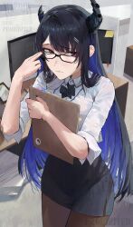 1girl asymmetrical_horns black_hair black_horns black_nails black_skirt blue_hair brown_pantyhose clipboard collared_shirt colored_inner_hair desk glasses hashtag-only_commentary highres holding holding_clipboard hololive hololive_english horns long_hair miniskirt monitor multicolored_hair nerissa_ravencroft nerissa_ravencroft_(casual) office_lady official_alternate_costume pantyhose pencil_skirt pink_eyes shirt skirt solo virtual_youtuber watermark white_shirt yukii91218