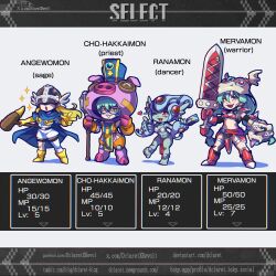 4girls :o angewomon animal_costume anklet aqua_hair armor armored_boots bare_shoulders barefoot bikini bikini_armor blonde_hair blue_cape blue_skin blue_tabard boots braid button_eyes buttons cape character_name chibi chibi_only cho-hakkaimon colored_skin commentary cosplay covered_eyes dancer&#039;s_costume_(dq) dclaret digimon digimon_(creature) dragon_quest dragon_quest_iii dress elbow_gloves english_commentary fins full_body gameplay_mechanics gloves green_hair grin hair_between_eyes hat head_fins heads-up_display heart helmet helmet_over_eyes highres holding huge_weapon jewelry leotard living_weapon loincloth long_hair mace mask mervamon metal_bikini midriff multiple_girls navel one_eye_closed open_mouth orange_eyes orange_leotard pig_costume pink_armor priest_(dq3) priest_(dq3)_(cosplay) print_headwear ranamon red_armor red_cape red_eyes red_gloves sage_(dq3) sage_(dq3)_(cosplay) shadow short_hair shoulder_pads sidelocks single_thighhigh smile staff standing standing_on_one_leg swimsuit sword tabard teeth thighhighs thighlet twin_braids user_interface waist_cape warrior_(dq3) warrior_(dq3)_(cosplay) watermark weapon web_address white_background white_dress white_thighhighs winged_helmet yellow_boots yellow_eyes yellow_gloves