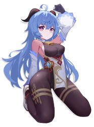 1girl absurdres ahoge arm_up bare_shoulders bell black_pantyhose blue_hair breasts cowbell detached_sleeves ganyu_(genshin_impact) genshin_impact highres horns kneeling leotard long_hair long_sleeves medium_breasts mxr pantyhose sideboob simple_background white_background